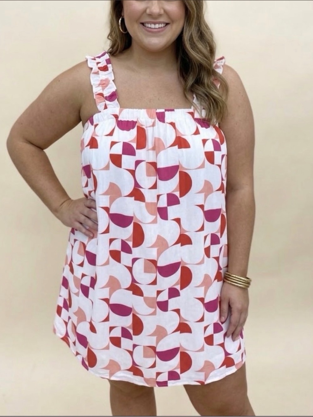 Emily Wonder Geometric Mid Mod Sundress Retro A-Line Mini Print Ruffles Plus 1X